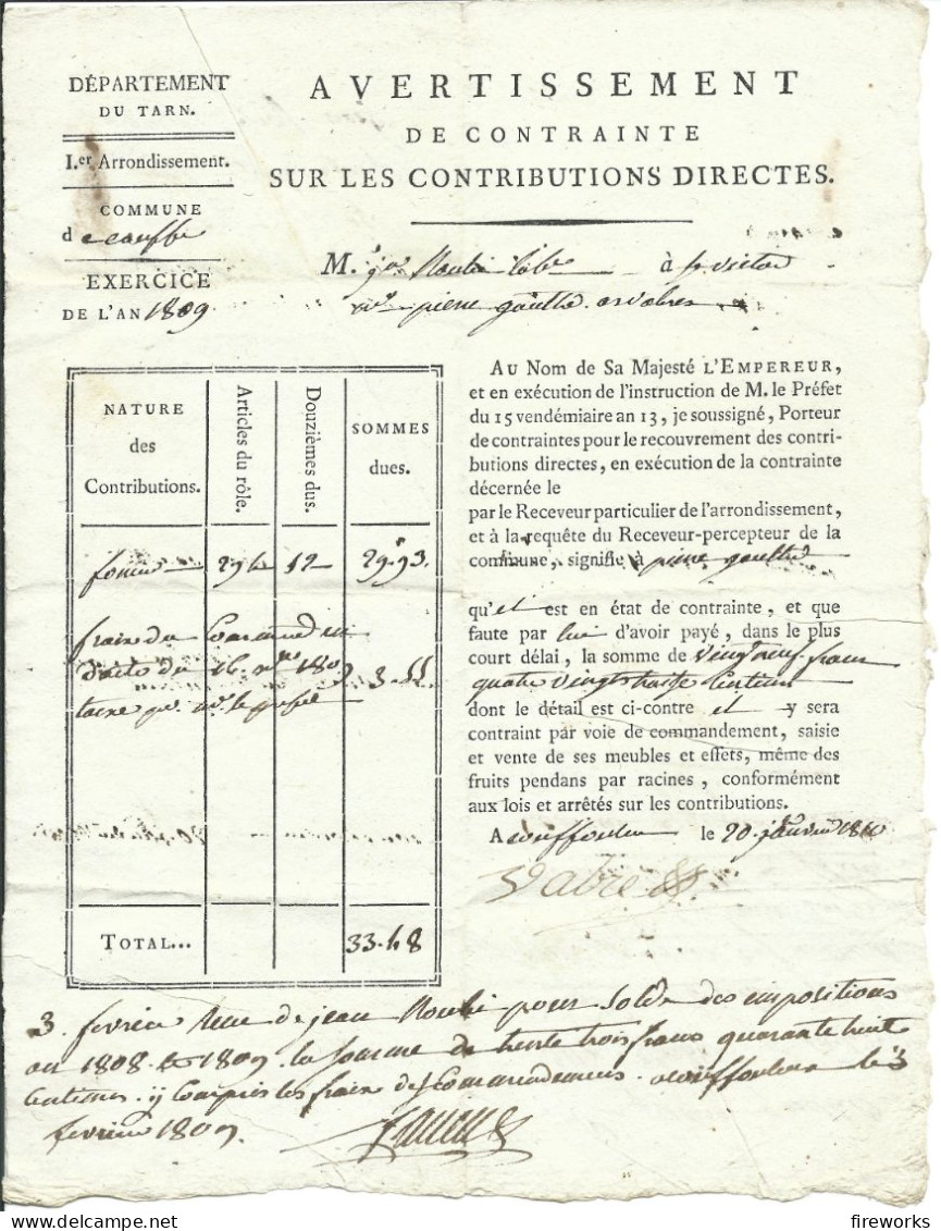 1809 DEPARTEMENT DU TARN - AVERTISSEMENT DE CONTRAINTE SUR LES CONTRIBUTIONS  DIRECTES - Collections