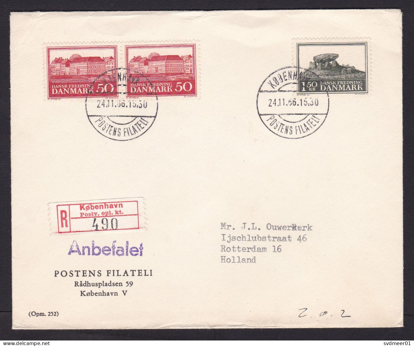 Denmark: Registered Cover To Netherlands, 1966, 3 Stamps, Dolmen Rock Grave, Customs Cancel At Back (minor Crease) - Storia Postale