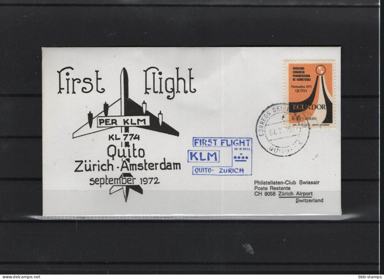 Schweiz Luftpost FFC KLM 19.9.1972 Quito - Zürich - Erst- U. Sonderflugbriefe