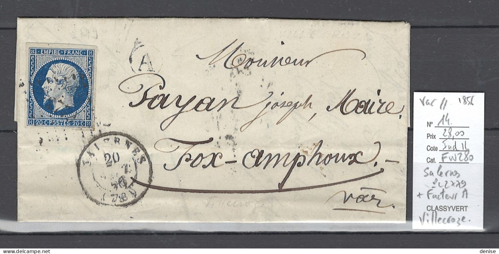 France - Lettre  Salernes  - Var - PC2779 - Facteur A De Villecroze - 1856 - 1849-1876: Classic Period