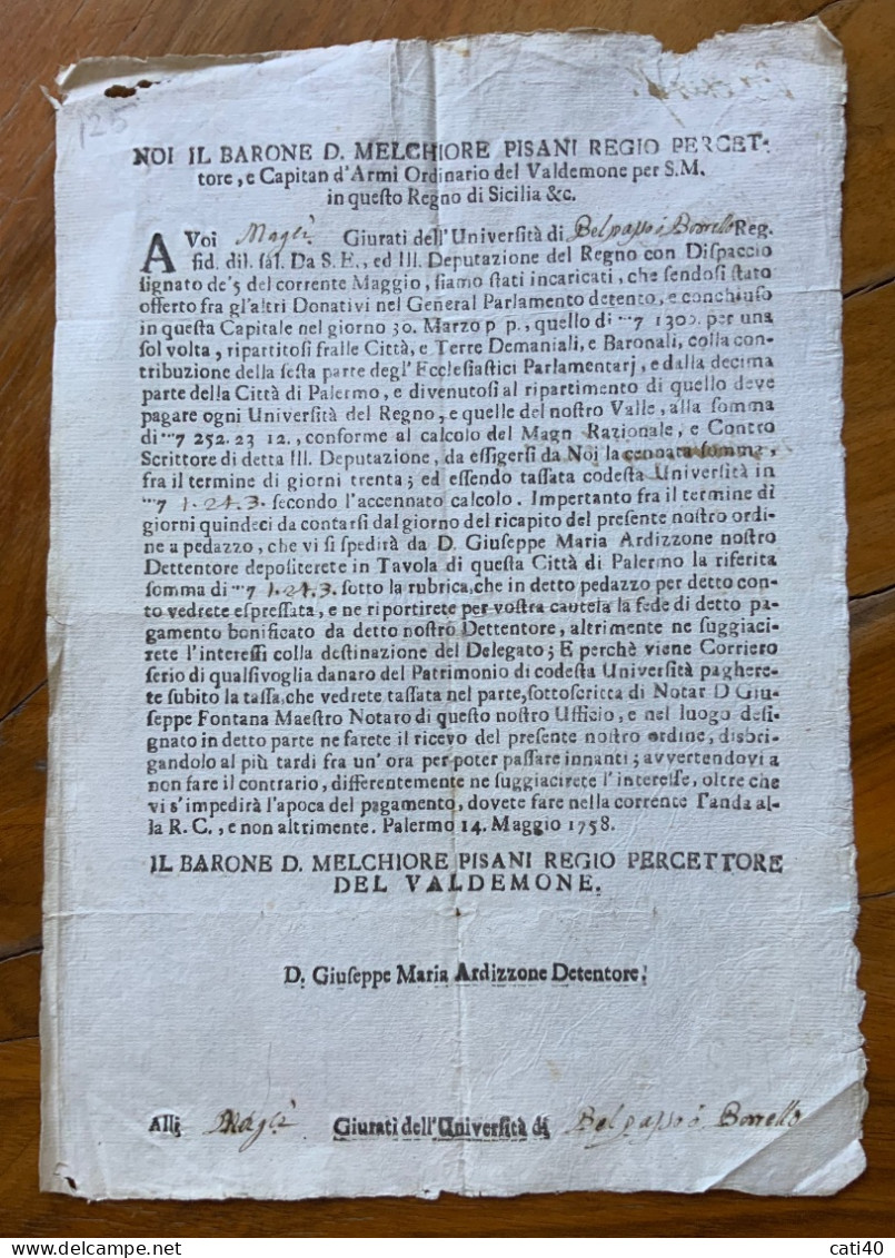 STORIA DELLA SICILIA - PALERMO 14 Maggio 1758  - BARONE D.MELCHIORE PISANI DEL VALDEMONE ..... - Historical Documents