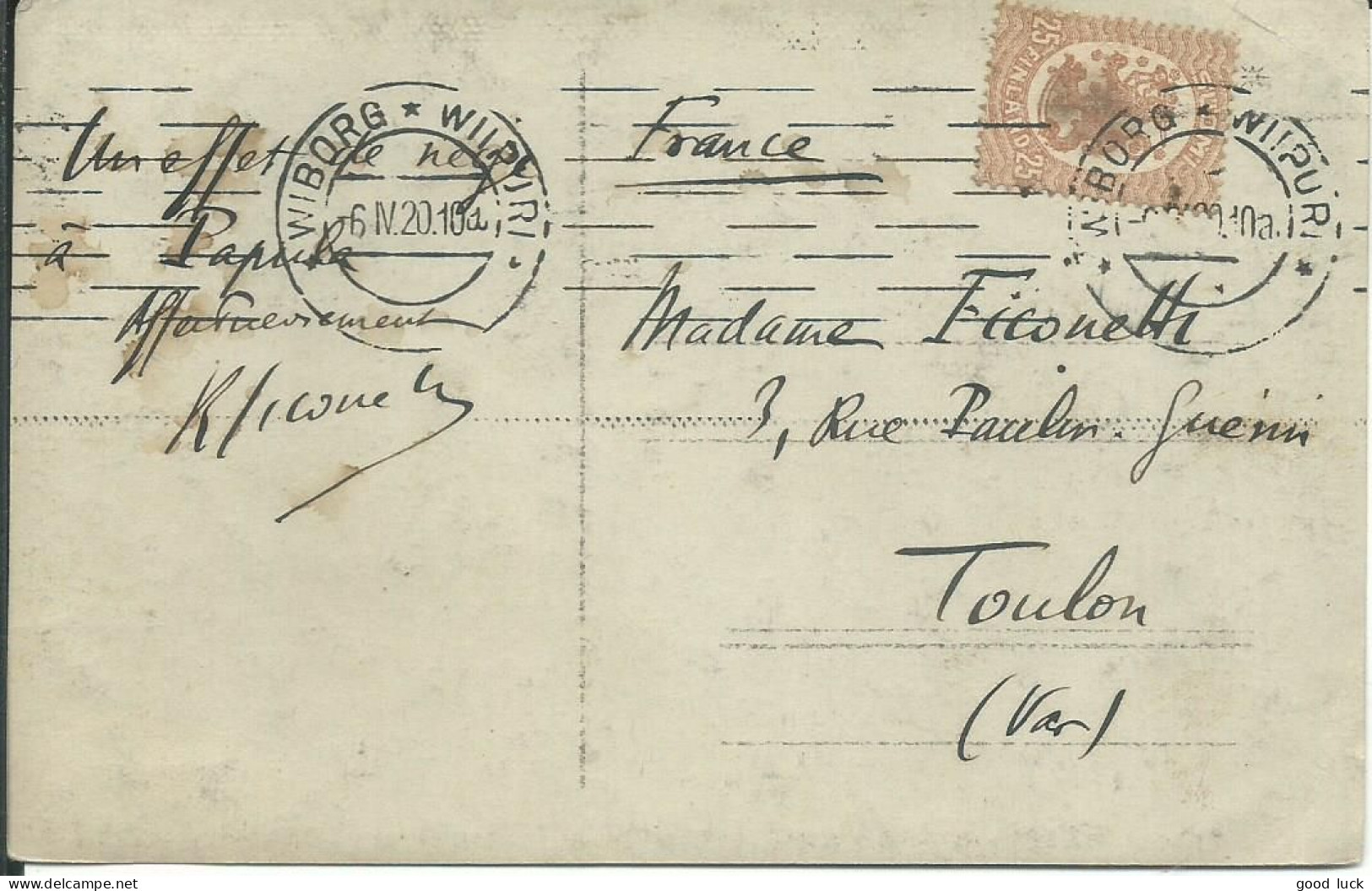 FINLANDE CARTE PHOTO 25p WIBORG POUR TOULON ( VAR ) DE 1920  LETTRE COVER - Briefe U. Dokumente