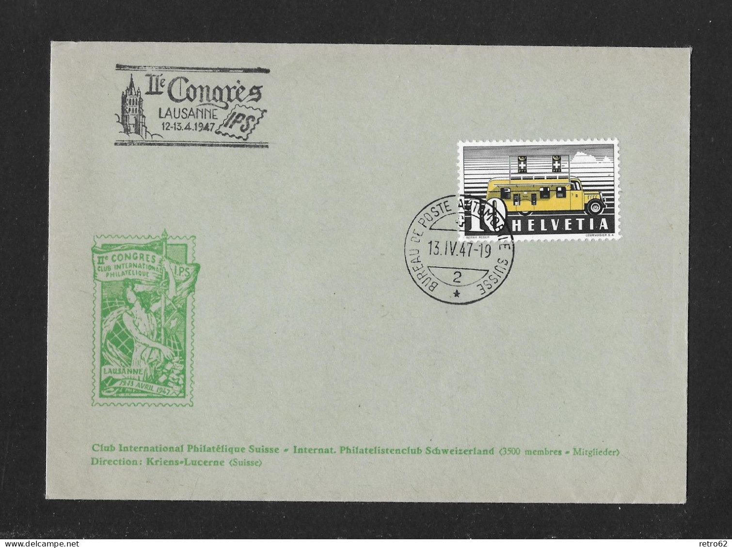 1947 INTERNAT. PHILATELISTENCLUB SCHWEIZERLAND ► Attraktiver Brief 2. Congrès Lausanne  Mit UPU Zudruck - Storia Postale