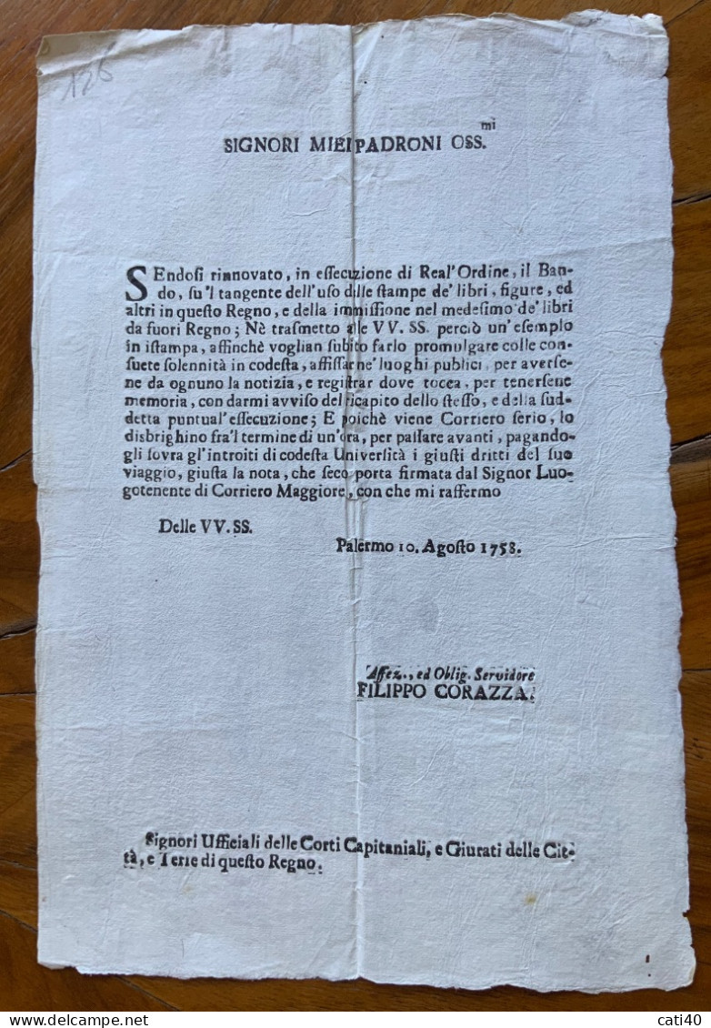 STORIA DELLA SICILIA - PALERMO 10 Agosto 1758  - Sui Libri Stampati Nel Regno E Fuori.... - Documents Historiques