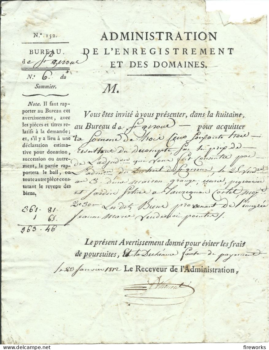 1812 ADMINISTRATION DE L'ENREGISTREMENT ET DES DOMAINES - Verzamelingen