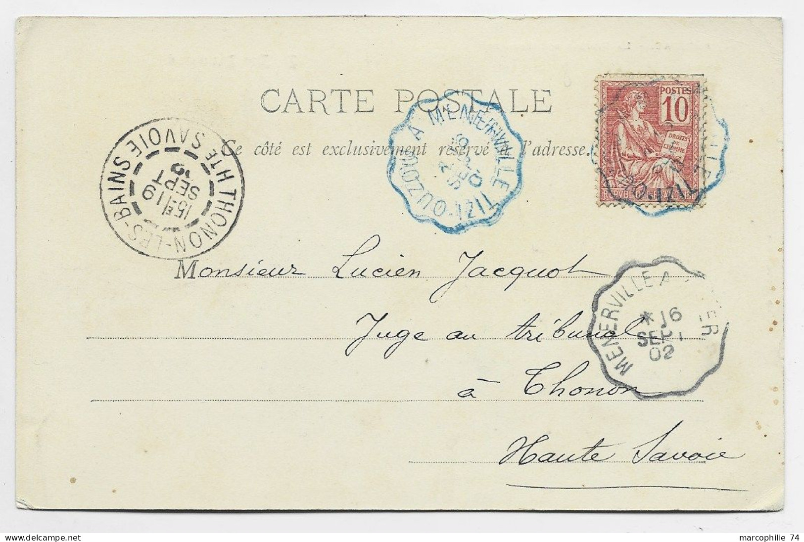 MOUCHON 10C CARTE PADIRAC CONVOYEUR BLEU TIZI OUZOU A MENERVILLE 1902 EN ALGERIE - Bahnpost