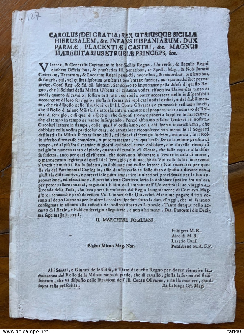 STORIA DELLA SICILIA - PALERMO 10 Agosto 1758  - FOGLIANI SFORZA D'ARAGONA ...soldati Della Milizia Urbana... - Historical Documents