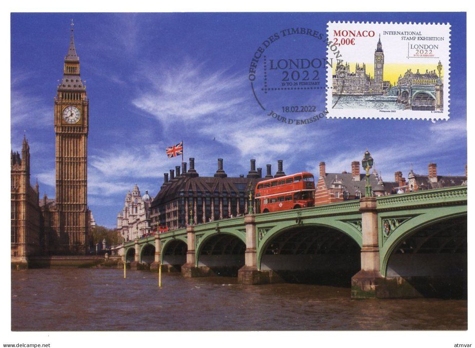 MONACO (2022) Carte Maximum Card LONDON 2022 International Stamp Exhibition, House Of Commons Big Ben Westminster Bridge - Cartes-Maximum (CM)