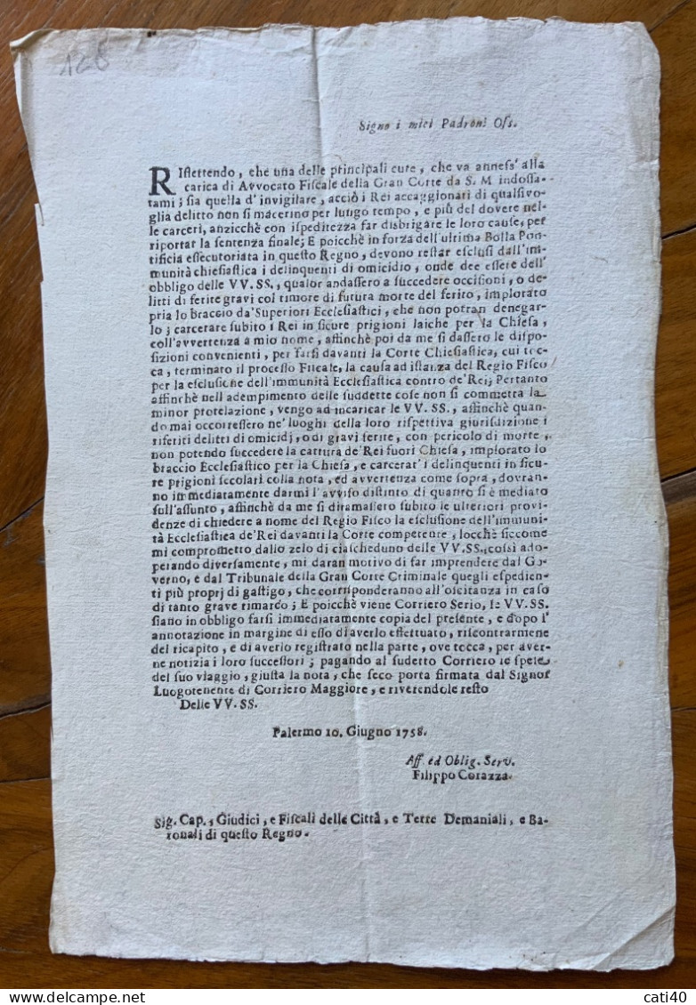 STORIA DELLA SICILIA - PALERMO 10 Giugno 1758  - AVVOCATO FISCALE DELLA GRAN CORTE.... - Historical Documents