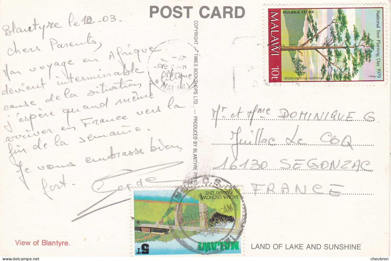 MALAWI. BLANTYRE (ENVOYE DE).. " VIEW OF BLANTYRE "  . ANNEE 1979 + TEXTE + TIMBRES - Malawi