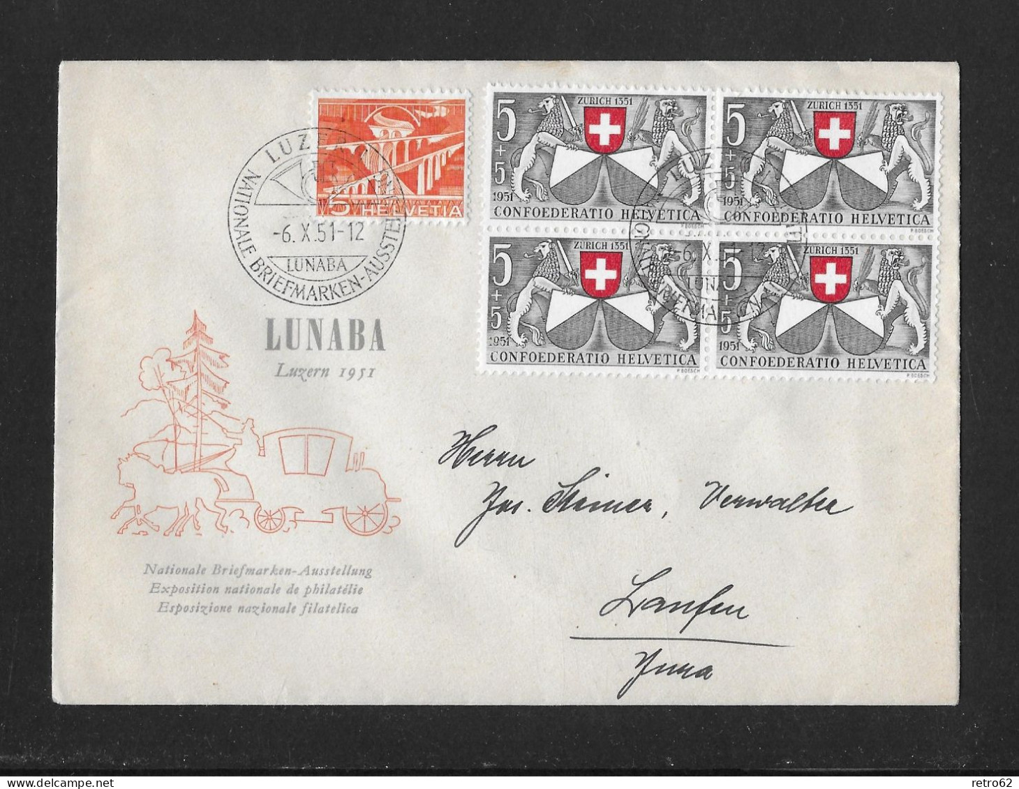 1951 NATIONALE BRIEFMARKEN-AUSSTELLUNG LUZERN ►dekorativer Brief Mit Zudruck LUNABA Luzern 1951 - Brieven En Documenten