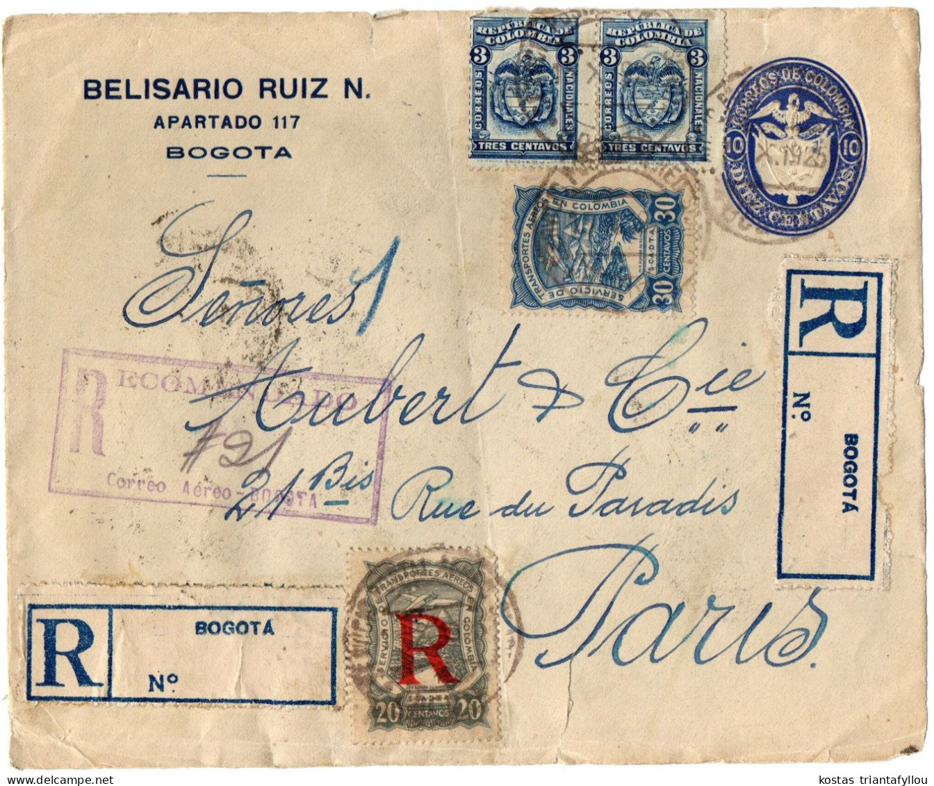 1,71 COLOMBIA, 1925, AIRMAIL, COVER TO FRANCE (MISSING BACK) - Colombie