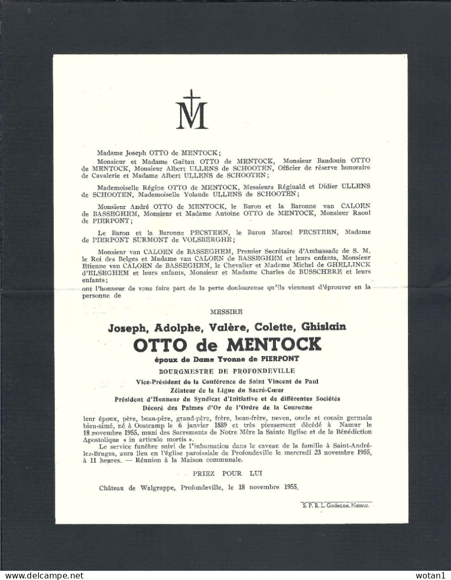 M. OTTO De MENTOCK  - Bourgmestre De PROFONDEVILLE Né à Oostcamp Le 6-1-1889 Décédé à NAMUR Le 18-11-1955 - Esquela