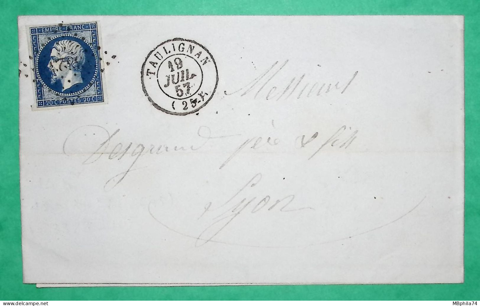 N°14 PC 3323 TAULIGNAN DROME POUR LYON RHONE 1857 LETTRE COVER FRANCE - 1849-1876: Klassik