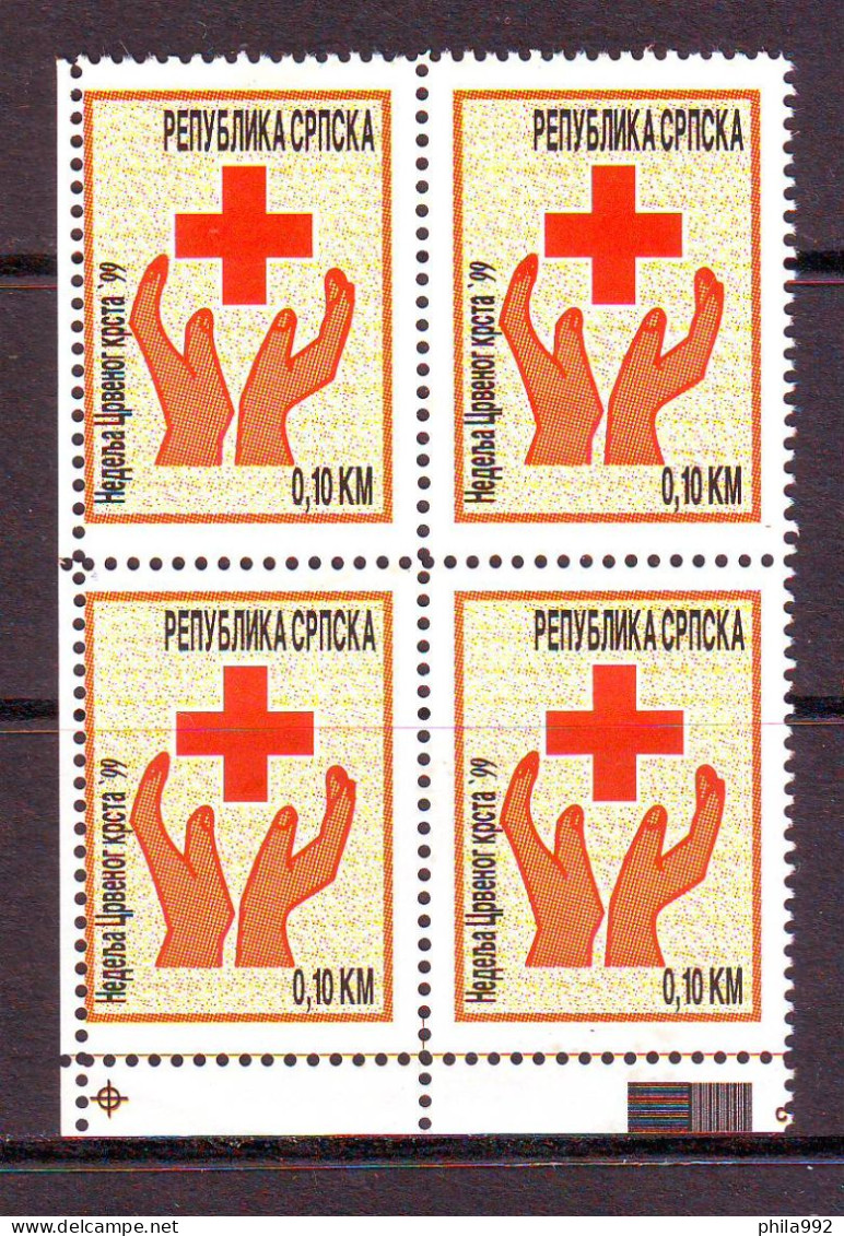 Bosnia:Republika Srpska 1999  Charity Stamp Red Cross Mi.No.4 Self Adhesive Block Of 4 MNH - Bosnien-Herzegowina