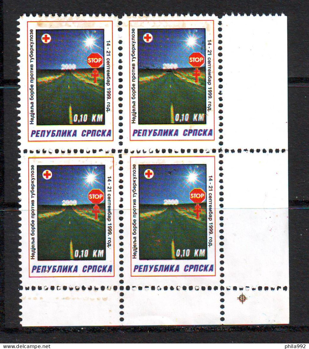 Bosnia:Republika Srpska 1999  Charity Stamp Red Cross TBC Mi.No.5 Self Adhesive Block Of 4 MNH - Bosnien-Herzegowina