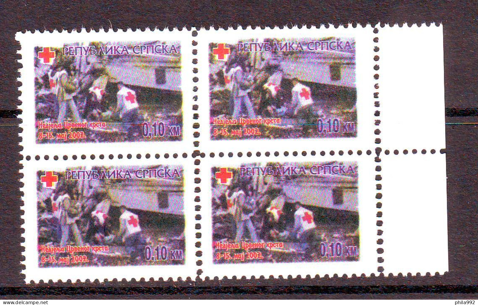 Bosnia:Republika Srpska 2002  Charity Stamp Red Cross  Mi.No.10 Self Adhesive Block Of 4 MNH - Bosnia And Herzegovina
