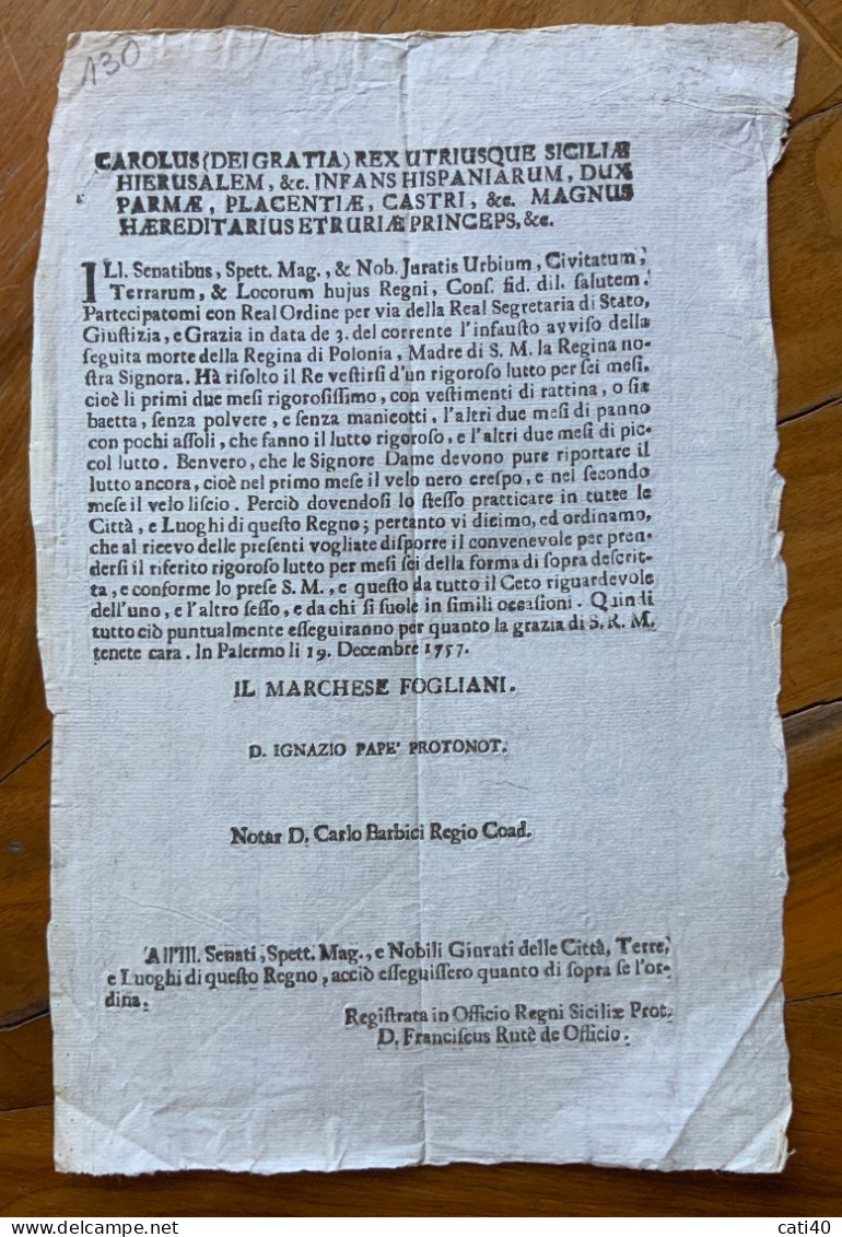 STORIA DELLA SICILIA - PALERMO 19 Dicembre 1757  - FOGLIANI SFORZA D'ARAGONA Morte Regina Di POLONIA ..lutto... - Historical Documents