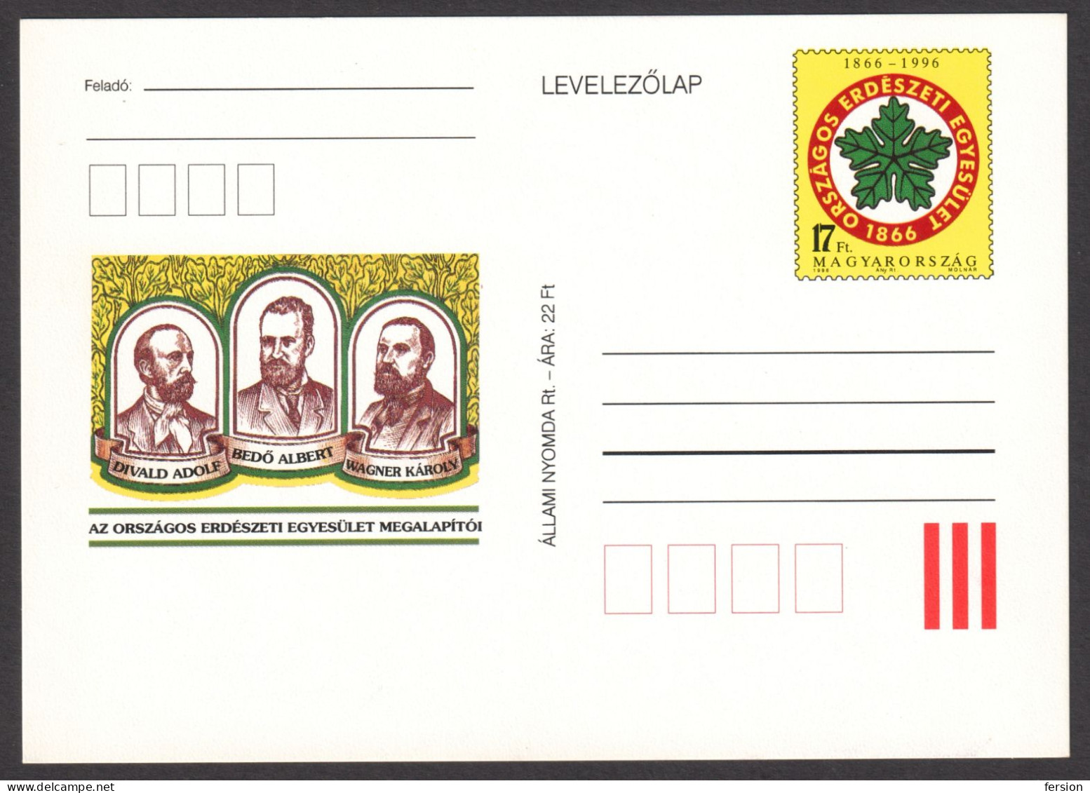 Forestry Association / Forrest WOOD Tree - Agriculture STATIONERY POSTCARD - 1996 HUNGARY / Wagner Divald Bedő OAK LEAF - Árboles