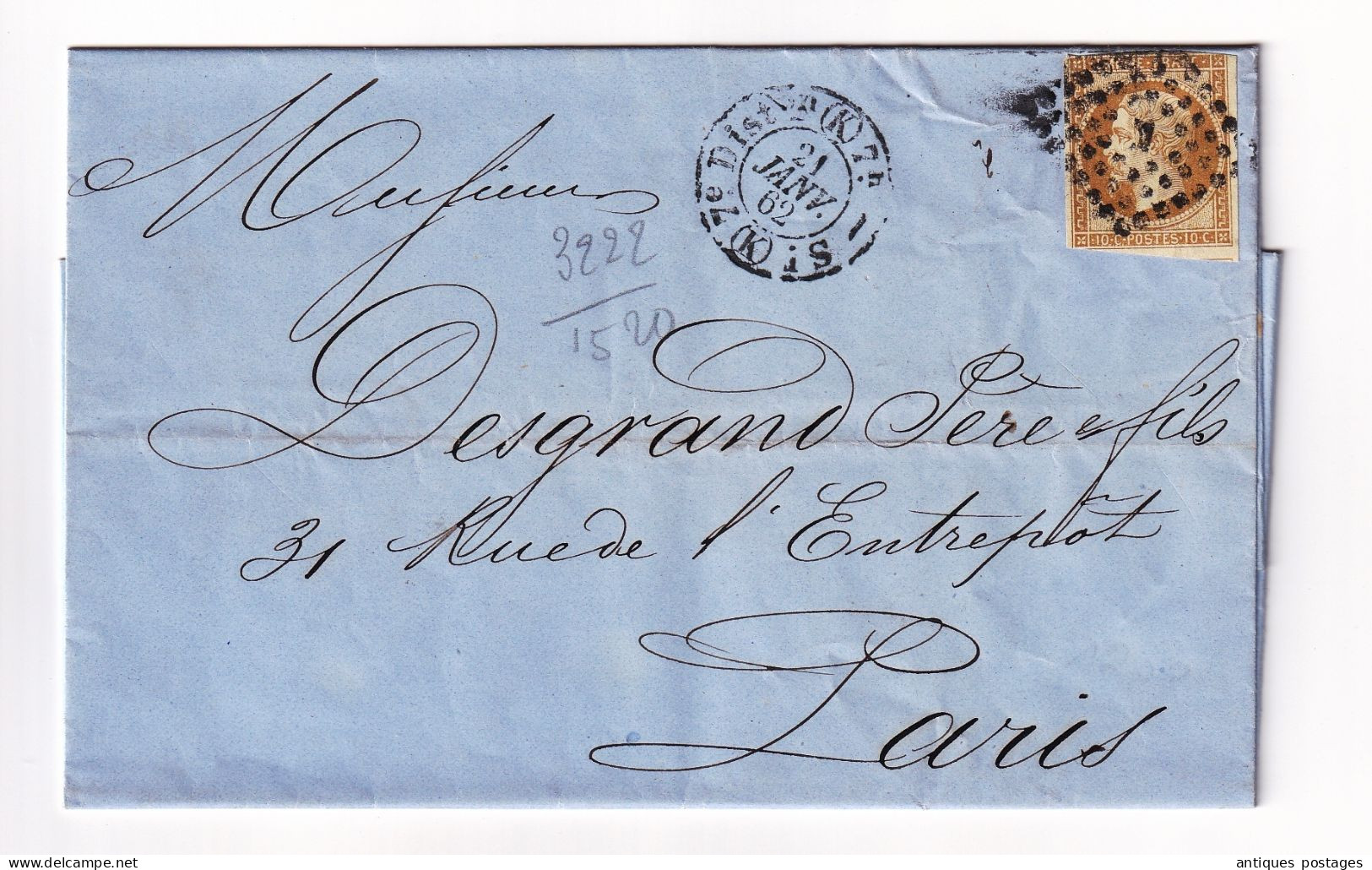 Lettre 1862 Paris Timbre Napoléon III 10 Centimes Non Dentelé Desgrand Père Et Fils 31 Rue De L'Entrepôt - 1853-1860 Napoleone III