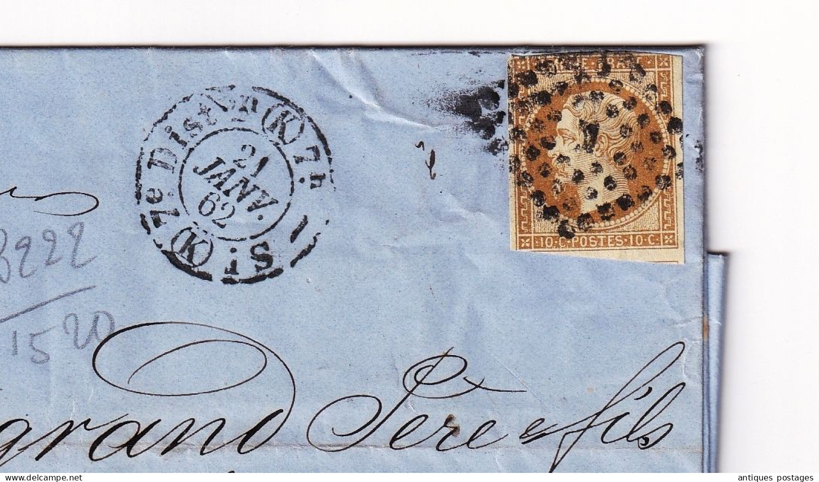 Lettre 1862 Paris Timbre Napoléon III 10 Centimes Non Dentelé Desgrand Père Et Fils 31 Rue De L'Entrepôt - 1853-1860 Napoléon III