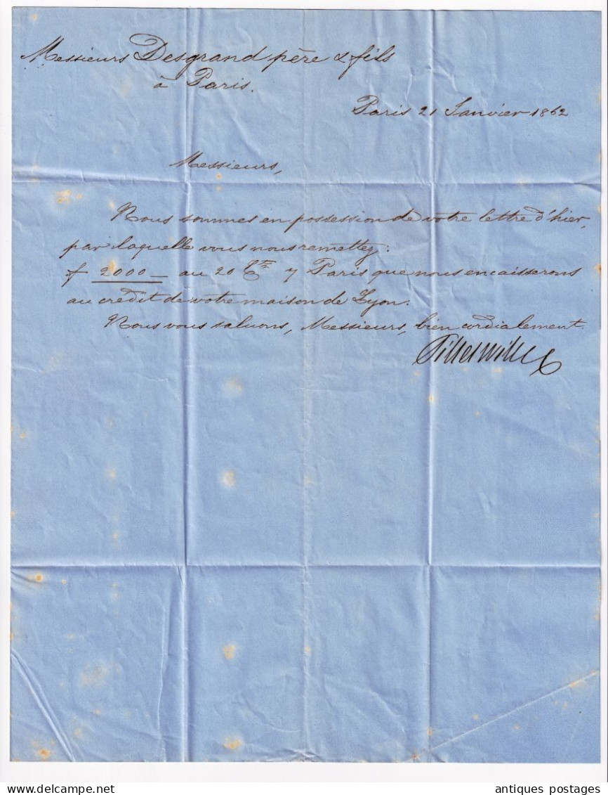 Lettre 1862 Paris Timbre Napoléon III 10 Centimes non dentelé Desgrand Père et Fils 31 rue de l'Entrepôt