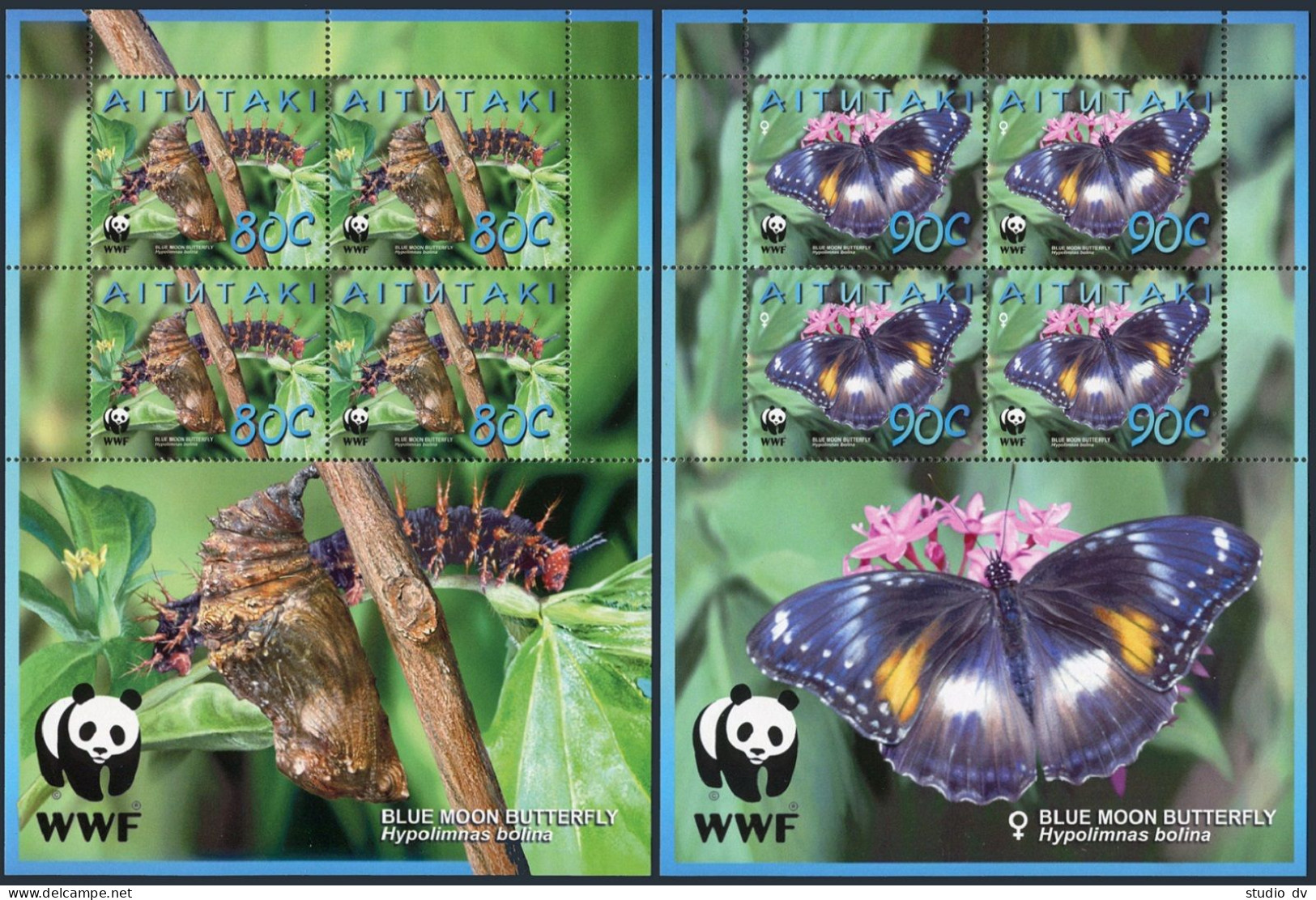 Aitutaki 539-542 Sheets/4, MNH. WWF 2008. Blue Moon Butterfly. - Aitutaki