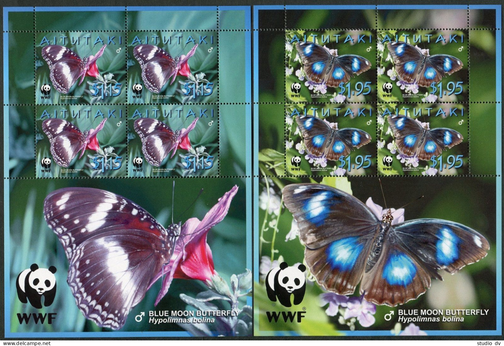 Aitutaki 539-542 Sheets/4, MNH. WWF 2008. Blue Moon Butterfly. - Aitutaki