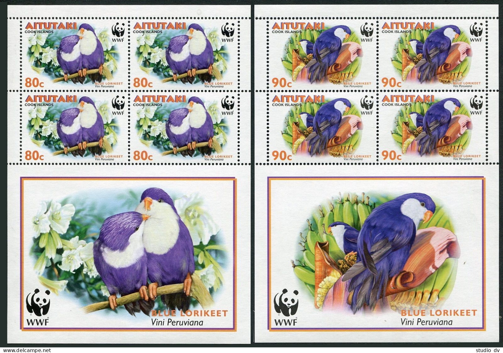 Aitutaki 533-536 Sheets/4, MNH. WWF 2002. Blue Lorikeets. - Aitutaki