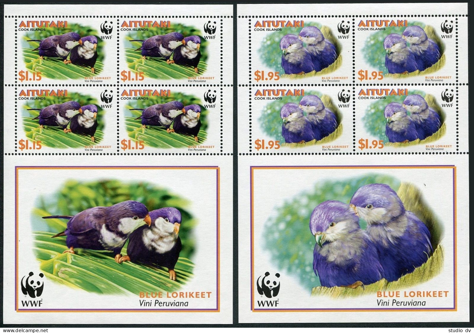 Aitutaki 533-536 Sheets/4, MNH. WWF 2002. Blue Lorikeets. - Aitutaki