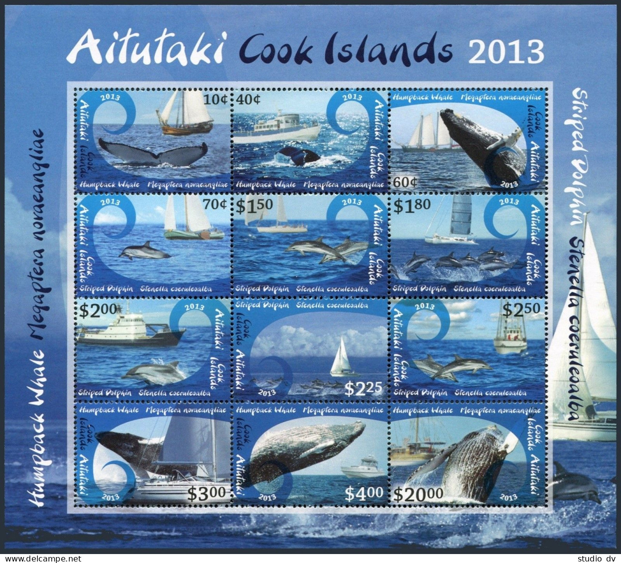 Aitutaki 600-611,612 Sheet/12, MNH. Cetaceans, 2013. Whales, Dolphins, Boats. - Aitutaki