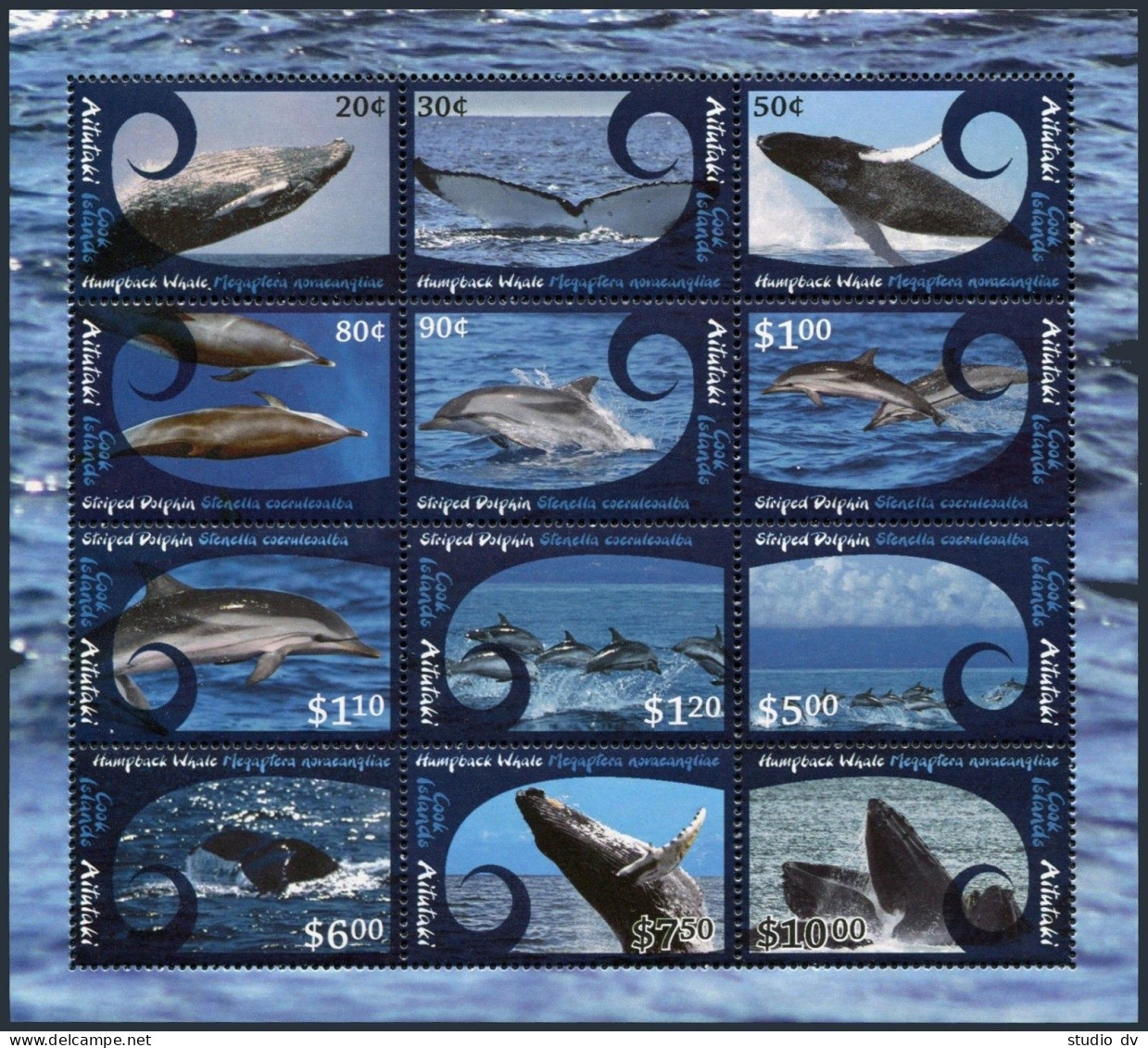 Aitutaki 581-592, 593 Sheet/12, MNH. Cetaceans, 2012. Whales & Dolphins. - Aitutaki