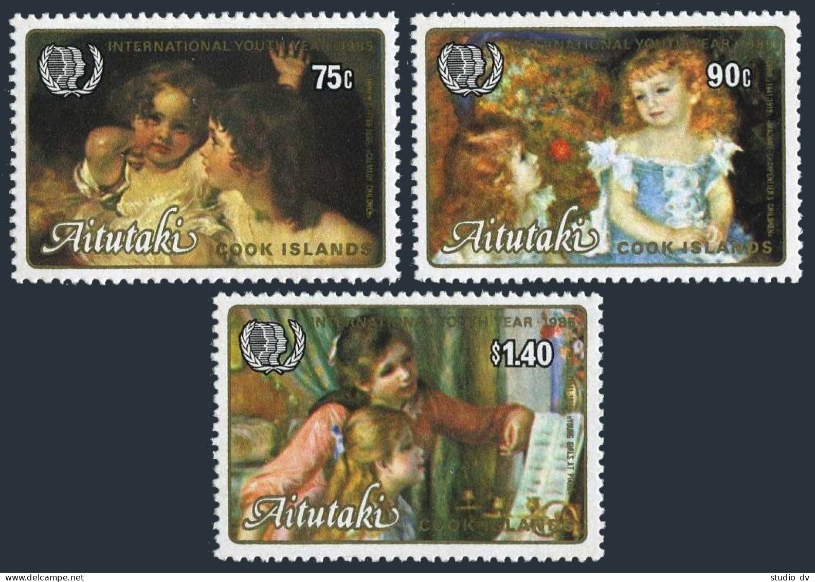 Aitutaki 378-380, MNH. Mi 564-566. Youth Year IYY-1985. Children.Lawrence,Renoir - Aitutaki