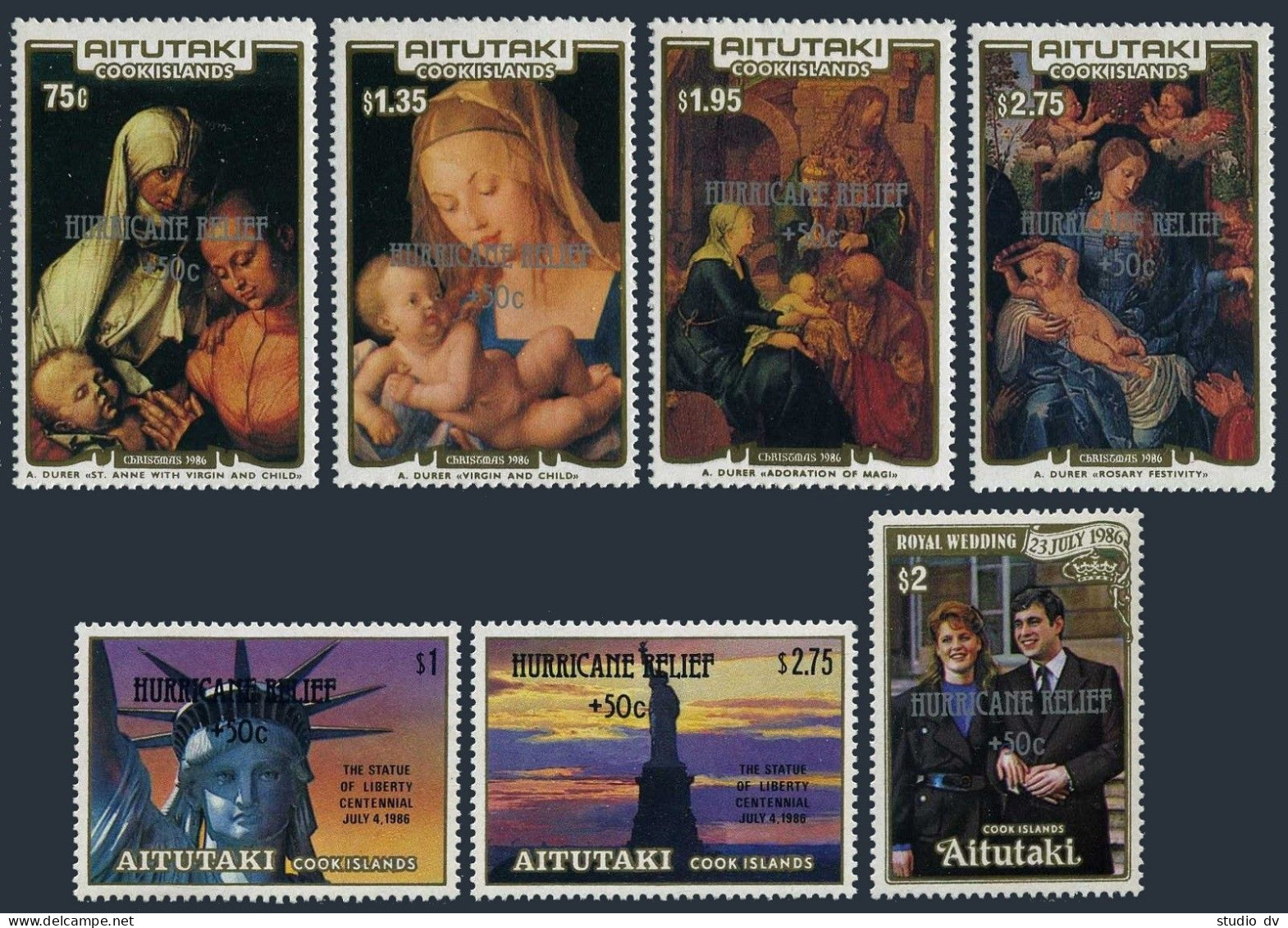 Aitutaki B44-B50,MNH. Hurricane Relief 1987.Statue Of Liberty,Wedding,Christmas. - Aitutaki