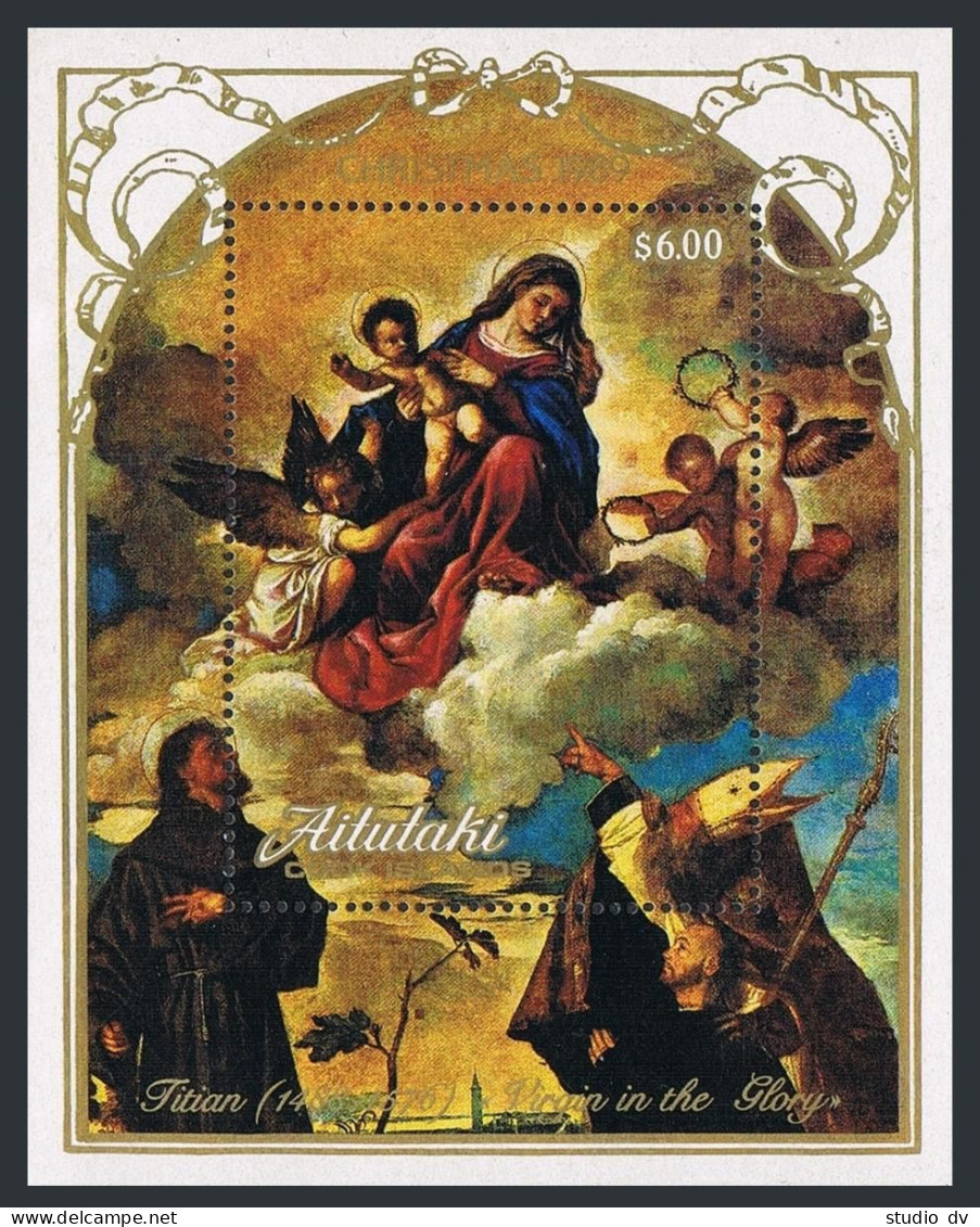 Aitutaki 439-442, 443 Sheet, MNH. Mi 658-661, Bl.74. Christmas 1989. Titian. - Aitutaki