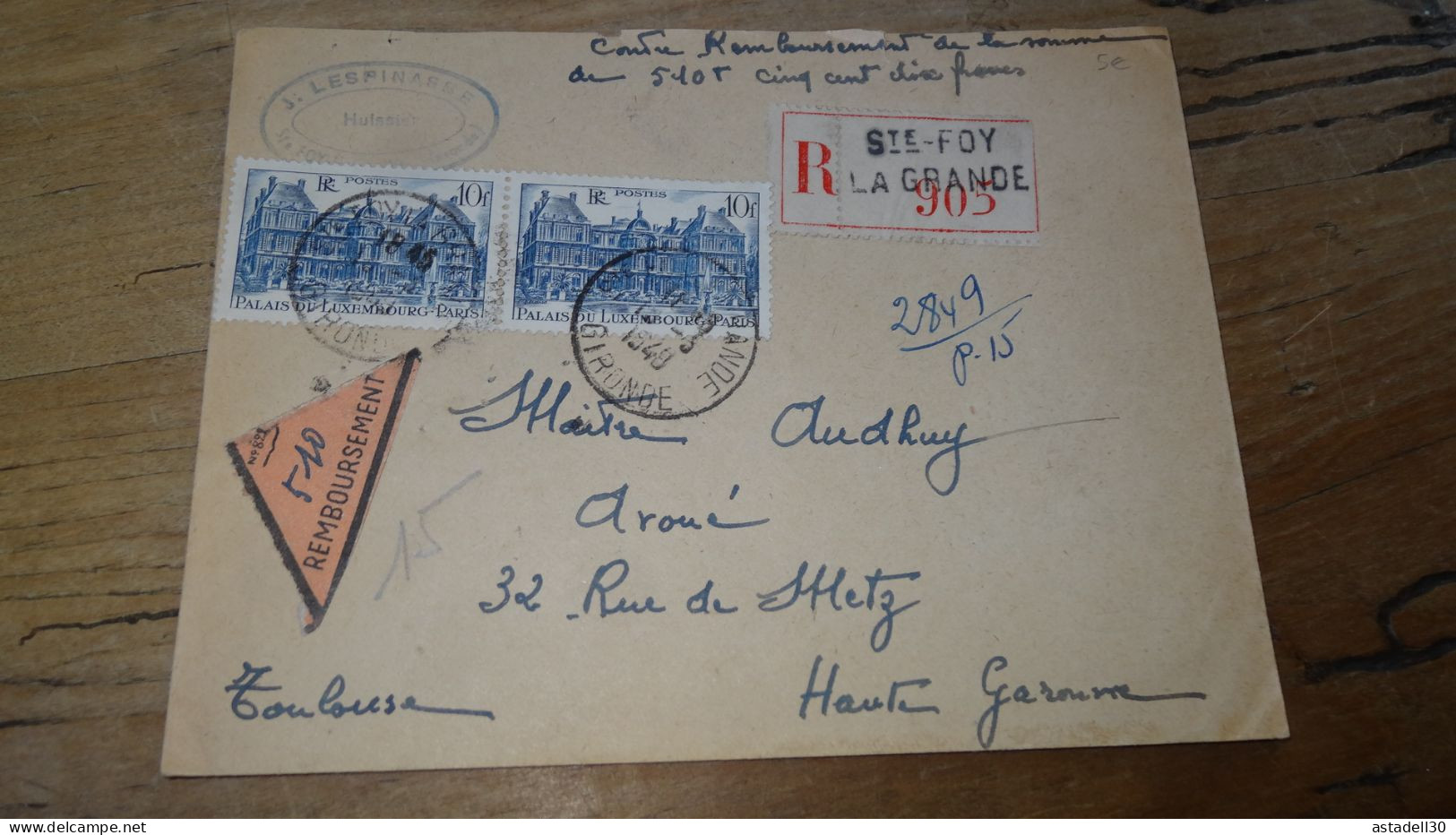 Enveloppe Recommandée, Remboursement - 1949, Ste FOY LA GRANDE ............BOITE1.......... 513 - 1921-1960: Modern Period