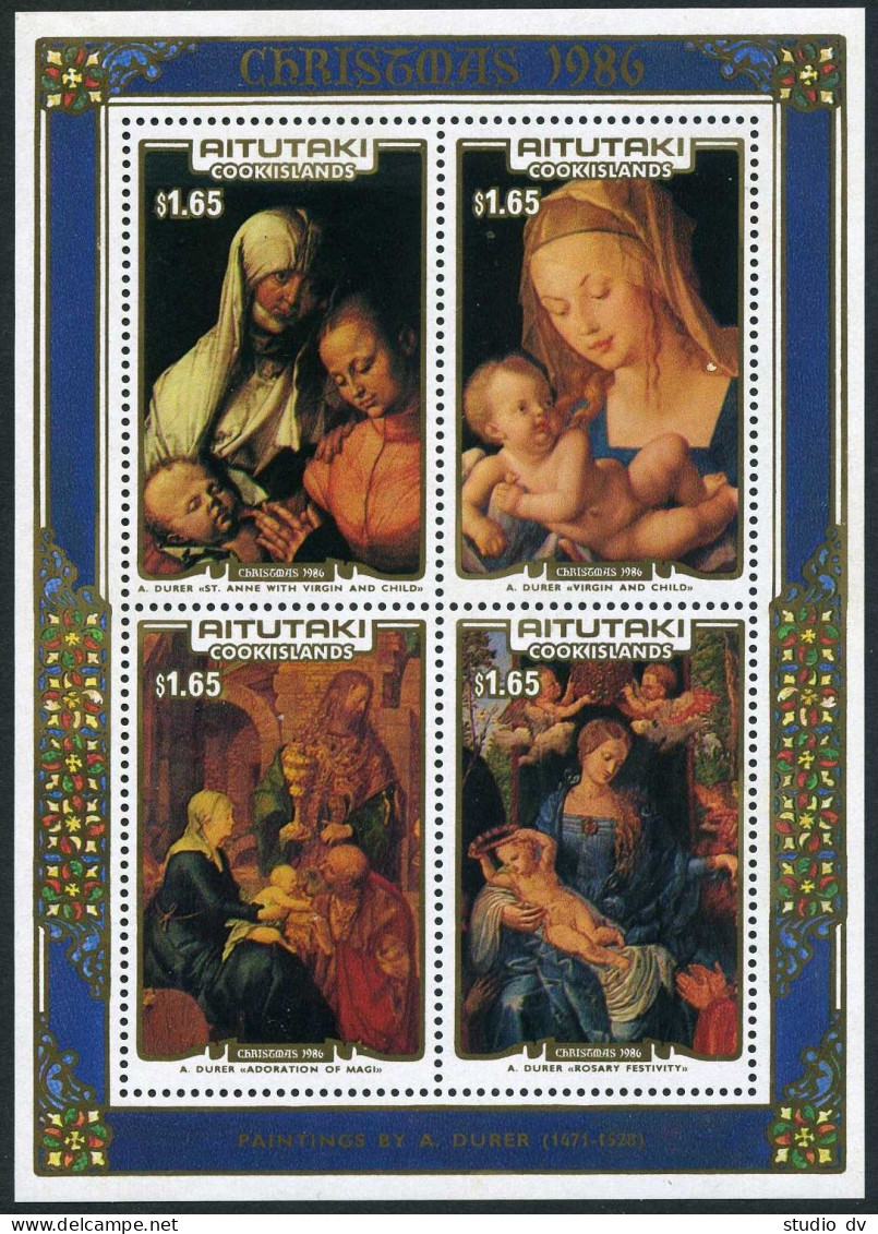 Aitutaki 400-403, 404 Ad Sheet, MNH. Mi 593-596,Bl.66. Christmas 1986. Rembrandt - Aitutaki