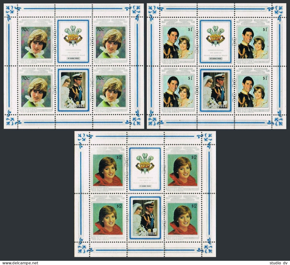 Aitutaki 268-270 Sheets,270a,MNH. Royal Birth,1982:Prince William.Charles,Diana. - Aitutaki