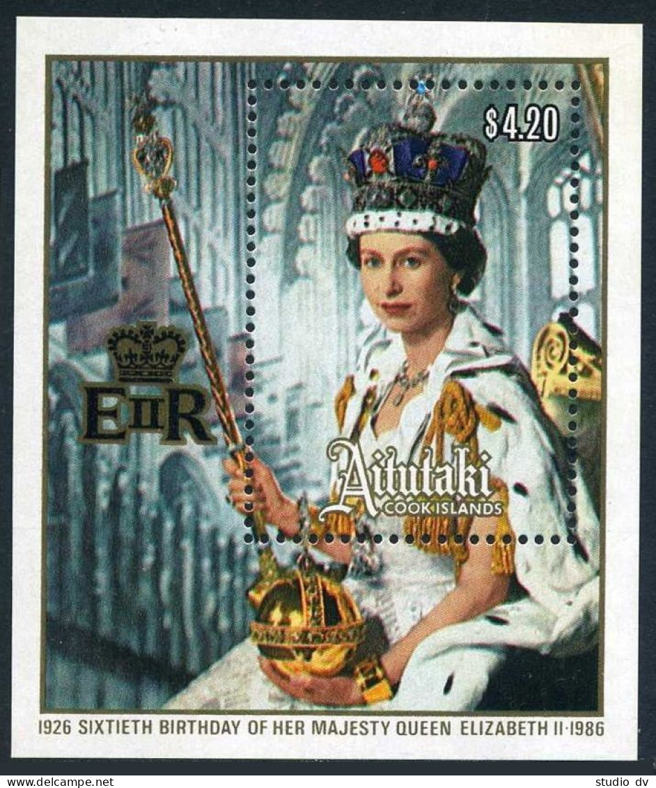 Aitutaki 392-393, MNH. Mi 582, 583 Bl.61. Queen Elizabeth II, 60th Birthday,1986 - Aitutaki