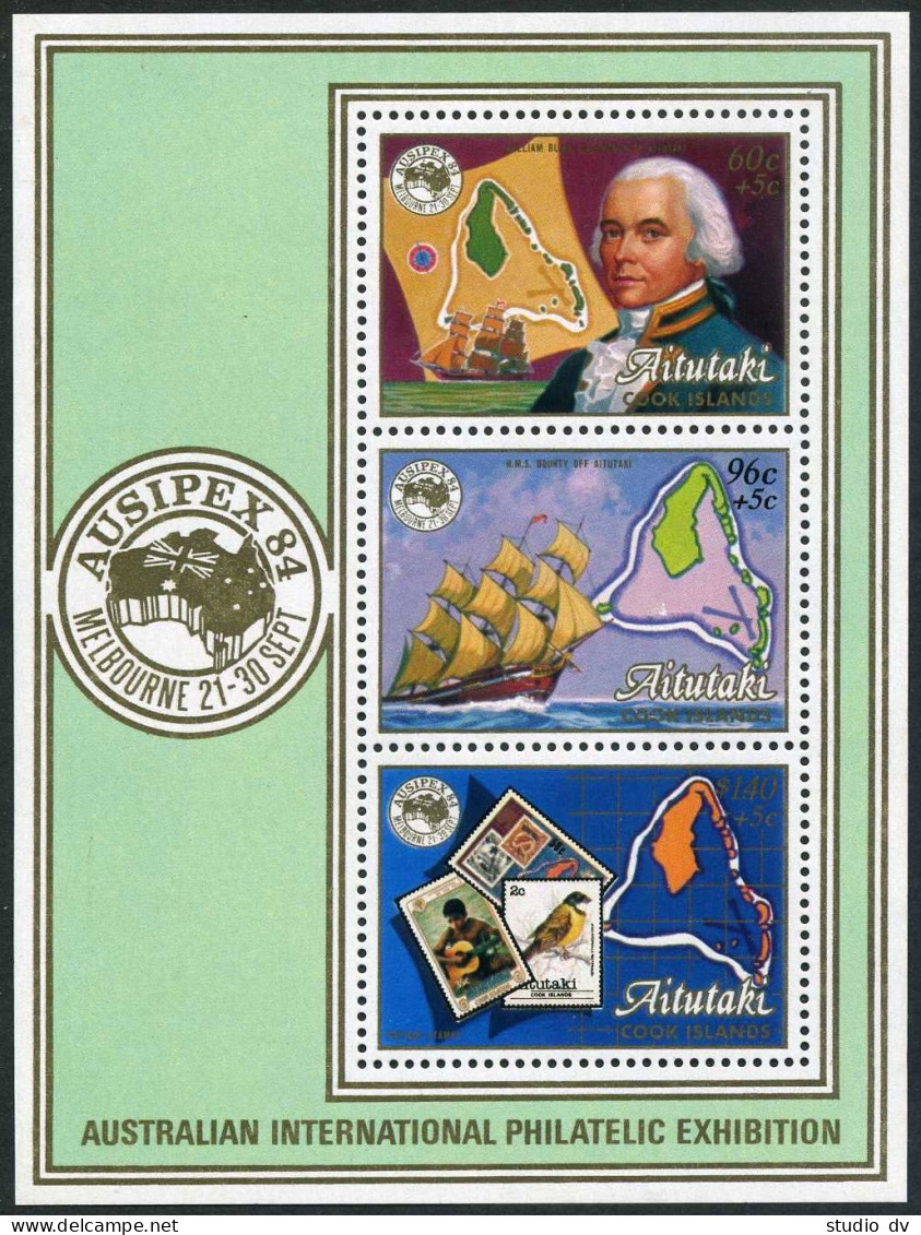 Aitutaki 351-353,354 Ac, MNH. AUSIPEX-1984.William Bligh,Bounty,Stamps.Map,Bird, - Aitutaki