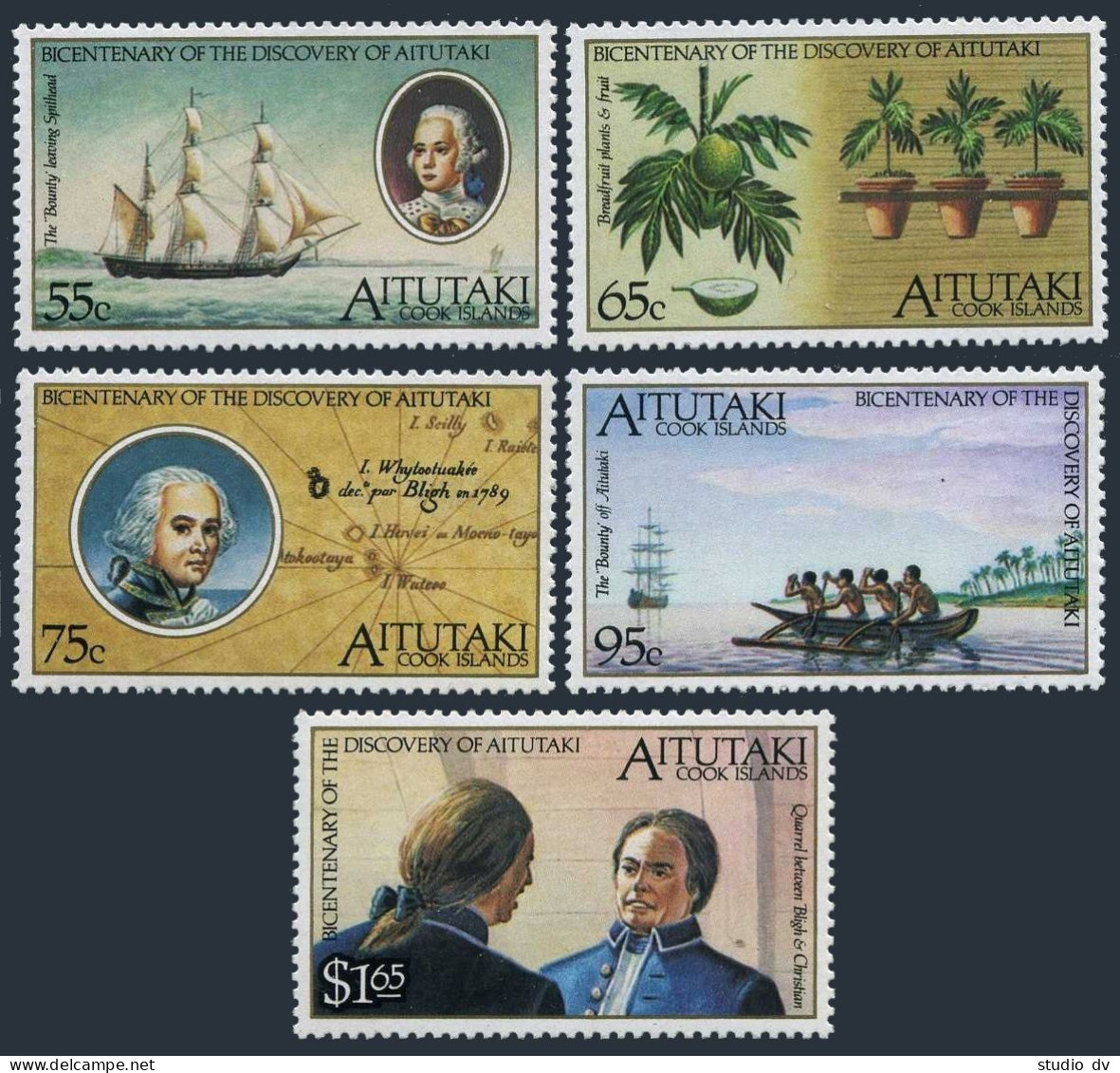 Aitutaki 429-433, MNH. Michel 648-652. Discovery Of Aitutaki By W.Bligh. 989. - Aitutaki