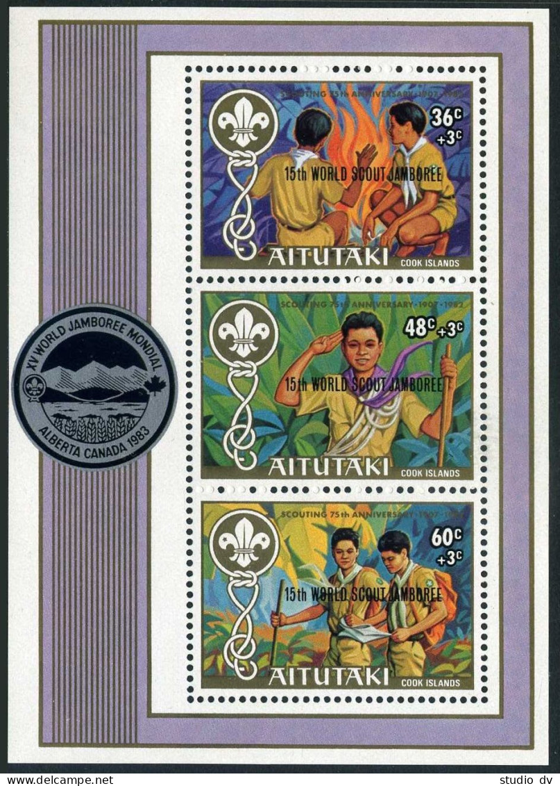 Aitutaki 287 Ac Sheet, MNH. Mi 469-471 Bl.42. 15th WORLD SCOUT JAMBOREE, 1983. - Aitutaki