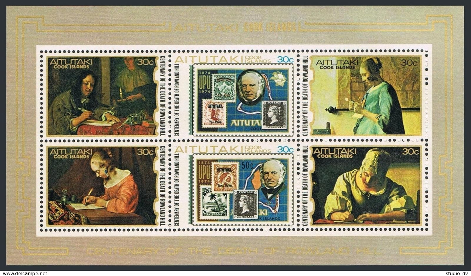Aitutaki 182 Sheet, MNH. Mi Bl.27. Sir Rowland Hill, Stamp On Stamp. Paintings. - Aitutaki