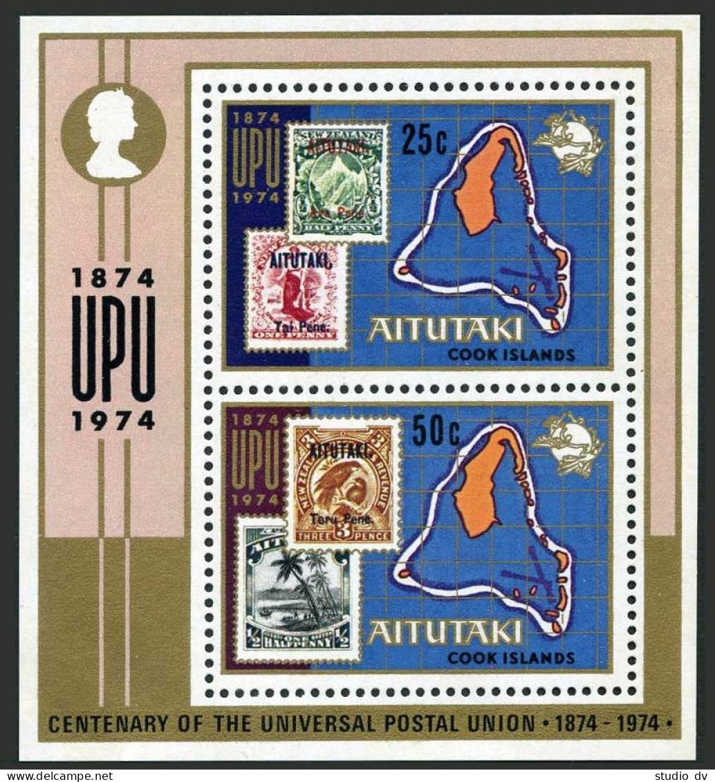 Aitutaki 102-103, 103a Sheet, MNH. Mi 118-119,Bl.2. UPU-100,1974. Map,Bird,Palm. - Aitutaki