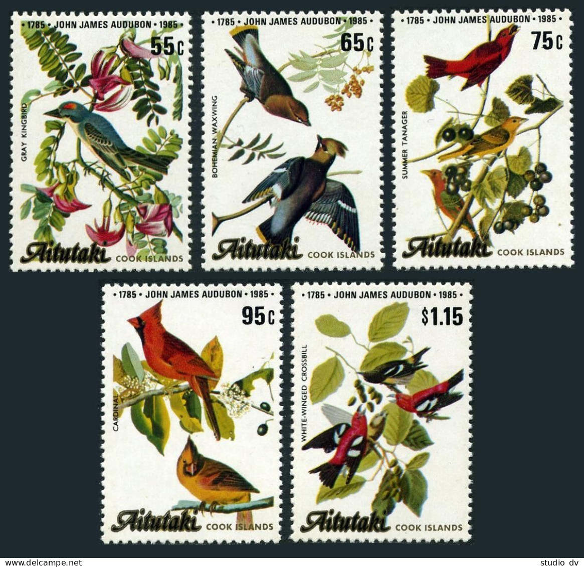 Aitutaki 368-372, MNH. Mi 554-558. Audubon Birds 1985. King-bird,Waxwing,Tanager - Aitutaki