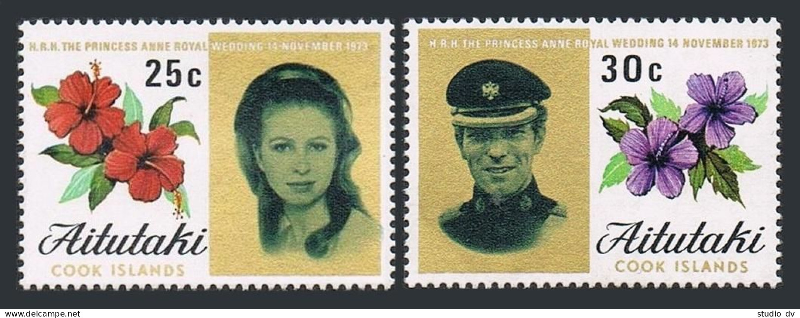 Aitutaki 77-78,78a,MNH. Royal Wedding 1973.Princess Anne,Mark Phillips.Hibiscus. - Aitutaki