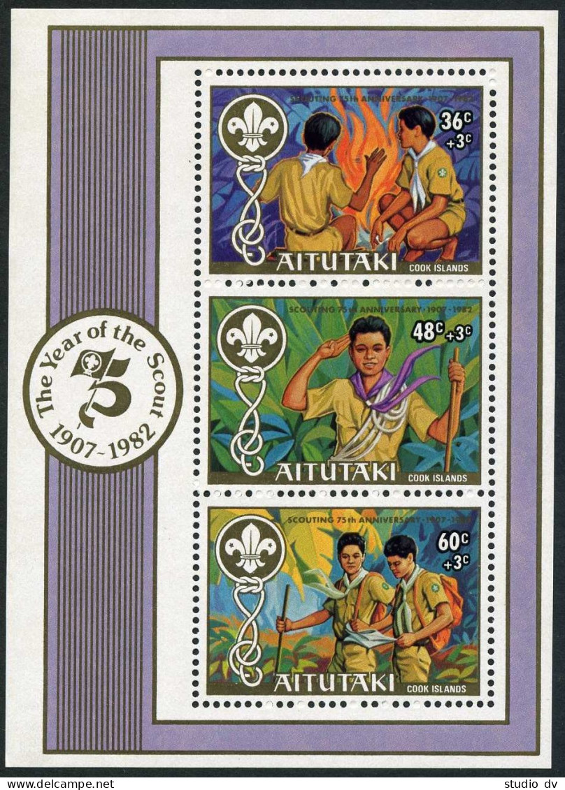 Aitutaki 280-282,283 Ac Sheet, MNH. Mi 440-442, Bl.41. Scouting Year 1983. Camp, - Aitutaki