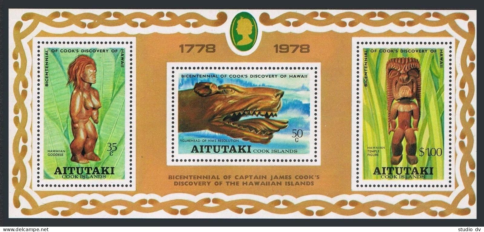 Aitutaki 160-162,162a Sheet, MNH. Capt Cook In Hawaii-200, 1978. Wood Figurines. - Aitutaki