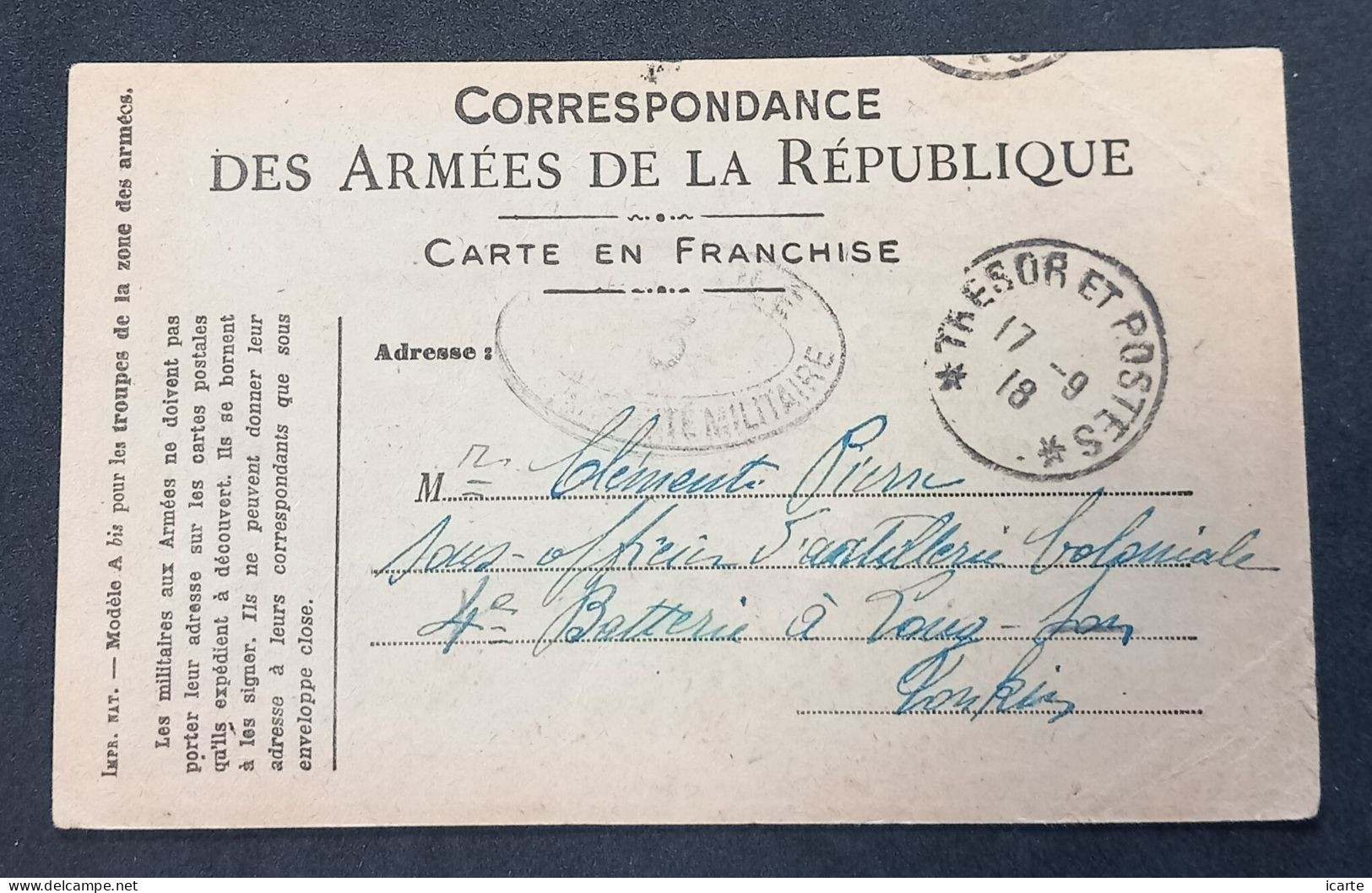 Carte De Franchise Militaire > Sous-officier Artillerie Coloniale TONKIN Oblit Trésor Et Postes Grattée 17-9-18 Censure - Covers & Documents