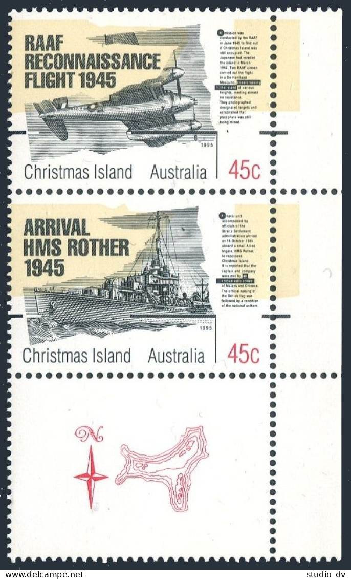 Christmas Isl 373 Ab-label Pair,MNH. End Of WW II,50,1995.RAAF Flight,HMS Rother - Christmaseiland